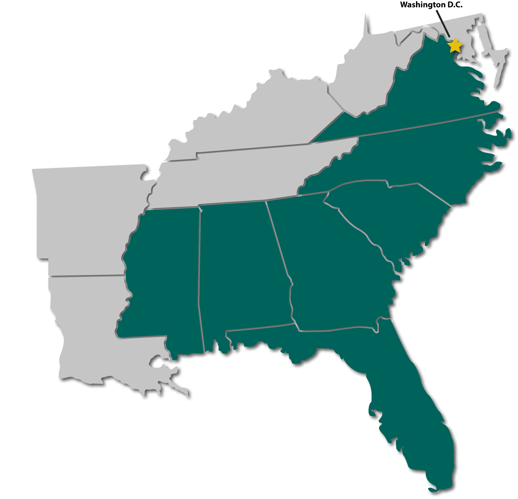 Service locations map illustration with Virginia, Washington D.C., North Carolina, South Carolina, Georgia, Mississippi, Alabama, and Florida highlighted as the service locations.